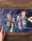 Personalized 1980s Lazer Portrait puzzle of two females, two corgis, and two French bulldogs.