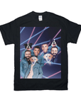 Black Gildan t-shirt with a personalized 1980s lazer portrait of three men and three dogs.