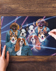 Personalized 4-pet puzzle in 1980s Lazer Portrait style with dogs in denim jackets.