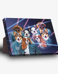Personalized 1980s Lazer Portrait standing canvas featuring four pets in denim jackets.