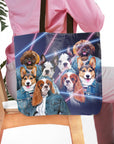Personalized tote bag with 4 pets in '1980's Lazer Portrait (4 Females)' style.