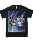 Black Gildan t-shirt with a 1980s lazer portrait of four dogs in denim jackets.