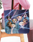 Personalized 4-pet tote bag with dogs in 1980s lazer portrait style.