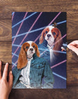 Personalized pet puzzle with two Cavalier King Charles Spaniels in 80s lazer portrait style.