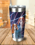 Personalized stainless steel tumbler with a 1980s lazer portrait of two Cavalier King Charles Spaniel dogs.