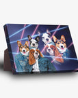 1980s Lazer Portrait (Females)' personalized canvas with three pets in denim jackets and neon lasers.