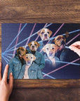 Personalized 1980s Lazer Portrait puzzle featuring six dogs in denim jackets, with hands assembling it.