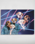 Custom 3-pet poster featuring dogs in 80s denim jackets with pink and blue laser lines on a dark background.