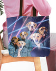 Personalized tote bag with '1980's Lazer Portrait (Males)' style featuring six custom pet dog portraits.