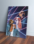 Personalized 2-pet canvas in 1980s Lazer Portrait style, featuring dogs in denim jackets.