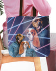 Personalized 1980s Lazer Portrait 2-pet tote bag featuring two Cavalier King Charles Spaniels and two Golden Retrievers.