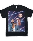 Black Gildan t-shirt with a personalized 80s lazer portrait of a smiling man and a Cavalier King Charles Spaniel.