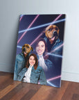 Personalized 1980s Lazer Portrait canvas featuring a woman and two dogs in denim jackets with neon lines.