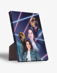 1980s Lazer Portrait personalized standing canvas featuring a woman and two dogs in denim jackets.