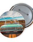 Custom Lowrider pet pin featuring a bulldog driving a teal classic car on a desert road.