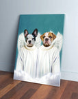 Custom canvas print featuring two dogs, a French Bulldog and an English Bulldog, as angels in white robes with wings.
