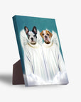 Custom pet portrait canvas featuring a French Bulldog and Bulldog as angels in white robes with wings.