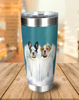 Personalized stainless steel tumbler with two pet dogs as angels on a teal background.