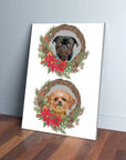 Personalized Christmas wreath canvas featuring two pets, a black pug and a brown terrier mix.
