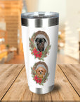 Personalized stainless steel tumbler with two custom pet portraits in Christmas wreath designs.