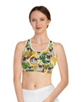 Woman wearing a custom tropical yellow sports bra with personalized pug pet portraits.