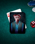 Personalized playing card featuring a dog in a red bandana and vest, on a green poker table.