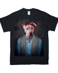 Black Gildan t-shirt featuring a personalized graphic of a pit bull wearing a red bandana, denim shirt, and grey vest.