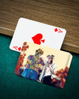 Personalized playing cards featuring two pets in a California-themed cartoon portrait, next to an Ace of Spades.