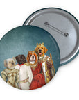 Custom royal renaissance pet portrait pin featuring four dogs in regal attire.