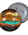 Custom pet portrait pin featuring two dogs playing pool in a rustic room.