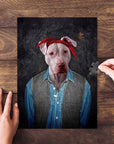 Personalized '2pac Dogkur' pet puzzle featuring a pitbull in a red bandana and blue shirt.