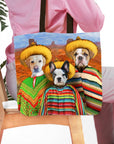 Personalized 3 pet tote bag with dogs in sombreros and ponchos against a desert background.
