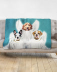 Custom 3-pet angel portrait blanket with a French Bulldog, Doodle, and English Bulldog.