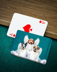 Custom playing cards featuring three pets as angels, with an Ace of Spades card beside the deck.