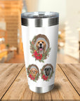 Personalized white stainless steel tumbler with three custom pet portraits in Christmas wreath designs.