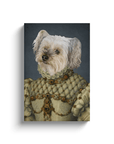 White dog portrait on a personalized canvas, dressed as a princess in an ornate, cream-colored gown.