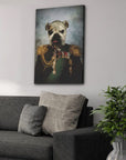 Personalized bulldog pet portrait canvas in a general's uniform, hanging above a gray sofa.