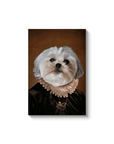 Personalized pet canvas featuring a Shih Tzu in a Duchess portrait, wearing a ruffled collar and dark gown.