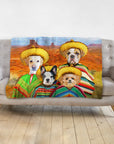 Personalized '4 Amigos' pet portrait blanket featuring four dogs in sombreros and ponchos against a desert background.