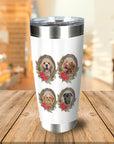 White personalized stainless steel tumbler with four pet portraits in Christmas wreath designs.