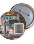 Custom pet portrait pin featuring a golden retriever in a blue trucker hat driving a semi-truck.