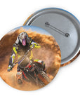 Custom pet portrait pin featuring a Weimaraner dog as a motocross rider kicking up dust.