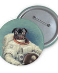 Custom personalized pin featuring a black pug pet portrait in an astronaut suit, with metal backing.