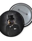 Custom personalized pet portrait pin with a pug in a black top hat and suit, glossy print, metal backing.