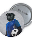 Custom personalized pet portrait pin featuring a black pug in a blue soccer uniform holding a ball.