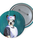 Custom pet portrait pin featuring a Boston Terrier dog dressed as a nurse, with a teal background.