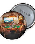 Custom pin with a yellow lab pet portrait playing poker at a table, with a metal backing.