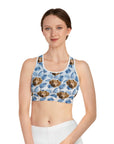Custom Spring Time Blue sports bra with personalized dog pet portraits and leaf pattern.