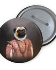 Custom personalized pug pet portrait pin in Renaissance royal style, glossy finish, metal backing.