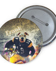 Custom Pittsburgh Steelers dog portrait pin with "Frank" and metal backing.